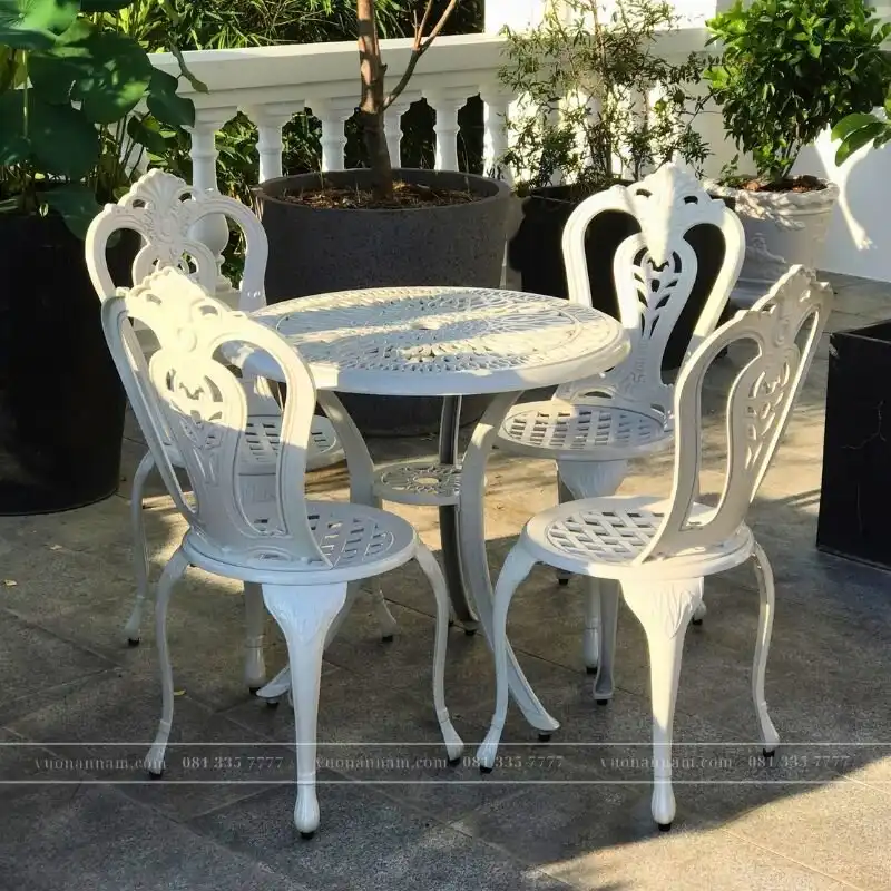 Bộ bàn ghế nhôm đúc sân vườn BG-002T màu trắng bàn D70cm