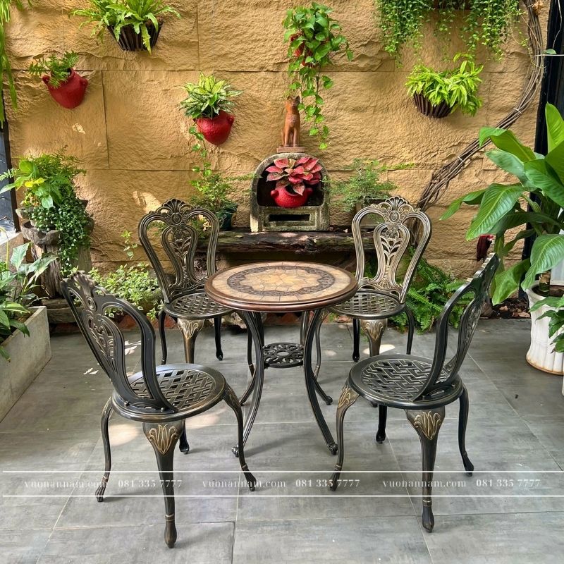 Bộ bàn ghế nhôm đúc sân vườn BG-002M màu nâu bàn D60cm