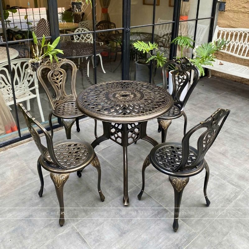 Bộ bàn ghế nhôm đúc sân vườn BG02-D80N màu nâu bàn D80cm
