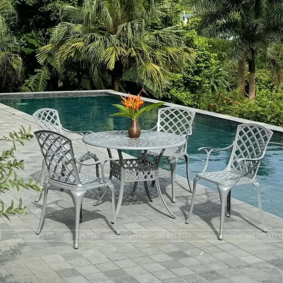 Bộ bàn ghế sân vườn BG-21TG màu xám bàn D100cm