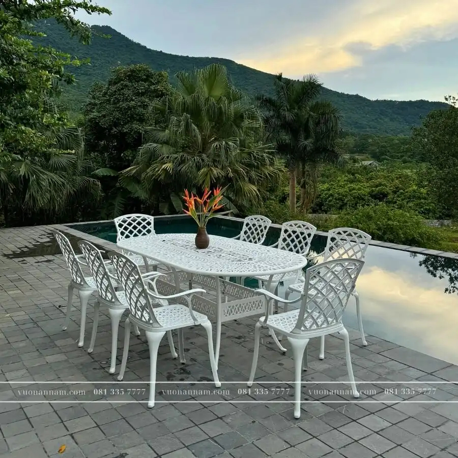 Bộ bàn ghế sân vườn BG-21ET màu trắng 8 ghế