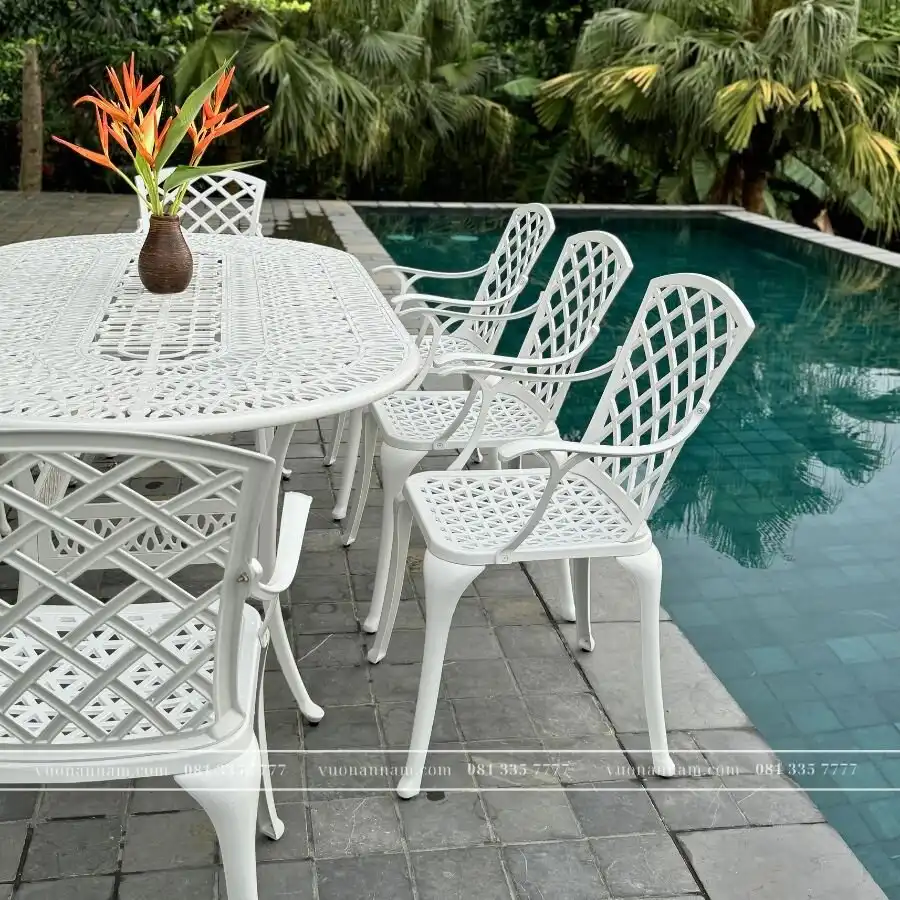 Bộ bàn ghế sân vườn BG-21ET màu trắng 8 ghế