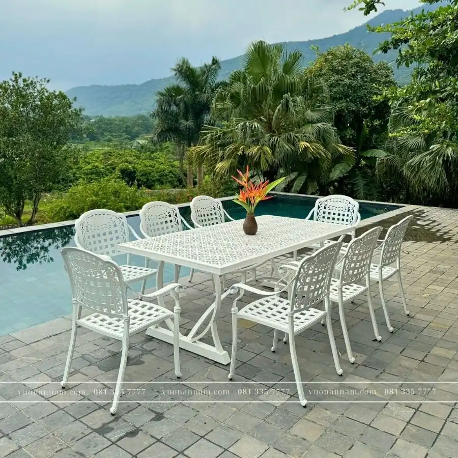 Bộ bàn ghế sân vườn BG04-2.0CNT màu trắng 8 ghế