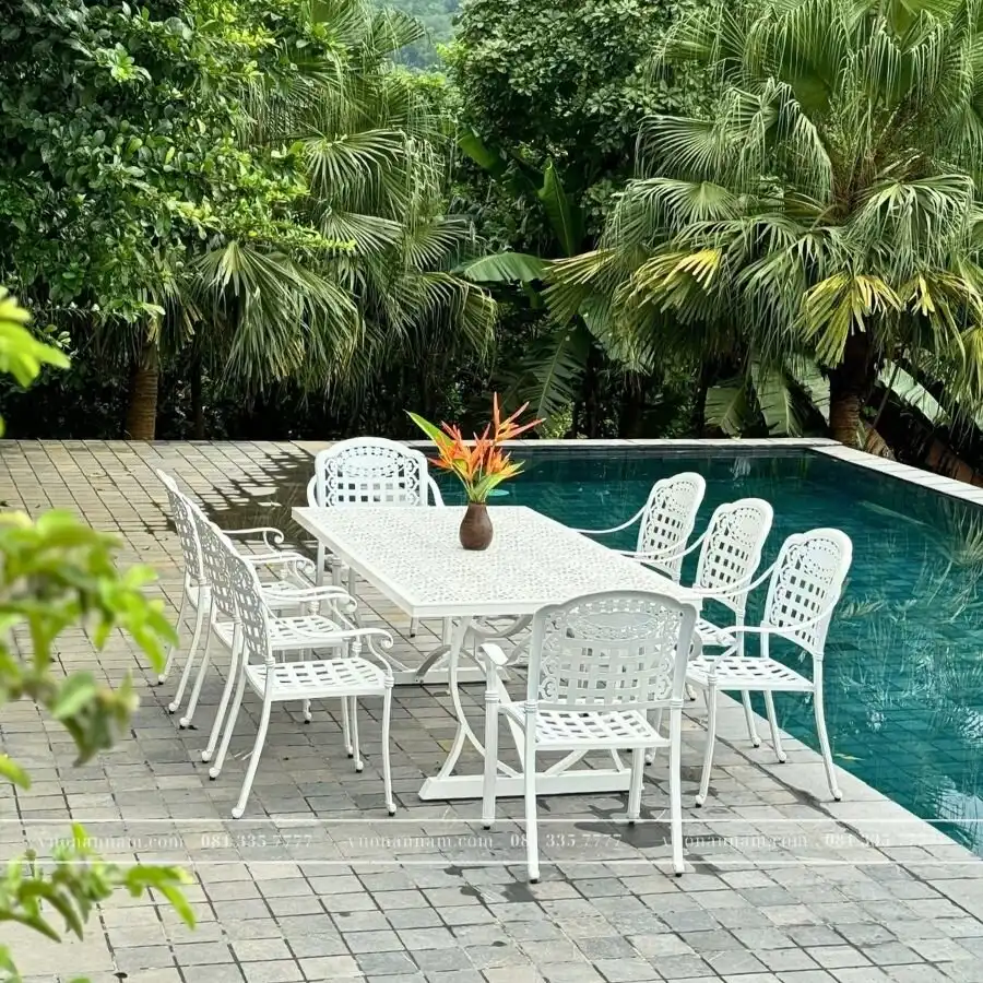 Bộ bàn ghế sân vườn BG04-2.0CNT màu trắng 8 ghế