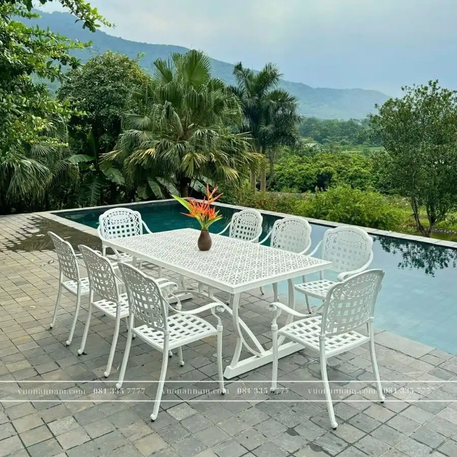 Bộ bàn ghế sân vườn BG04-2.0CNT màu trắng 8 ghế