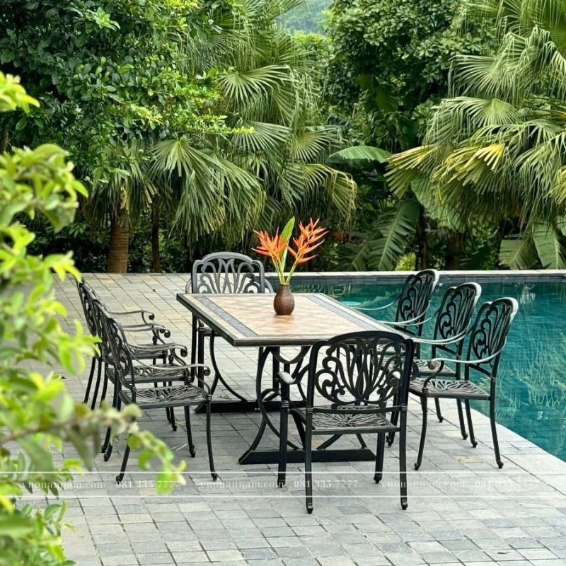 Bộ bàn ghế sân vườn BG-03CNM màu nâu 8 ghế