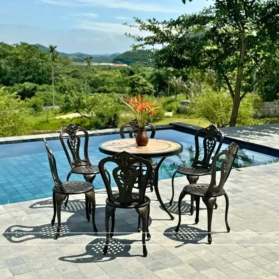 Bộ bàn ghế sân vườn BG02-D80M màu nâu bàn mặt đá D80cm