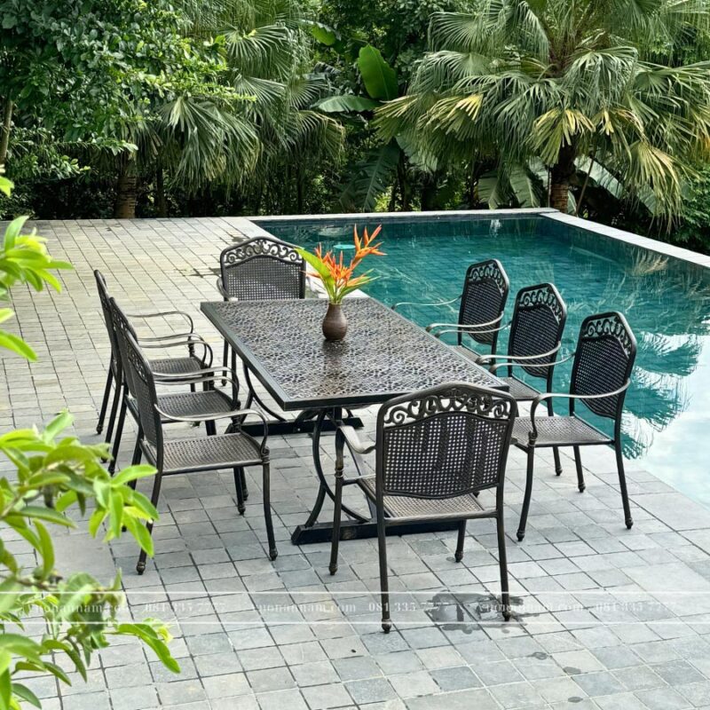 Bộ bàn ghế nhôm đúc màu nâu 8 ghế