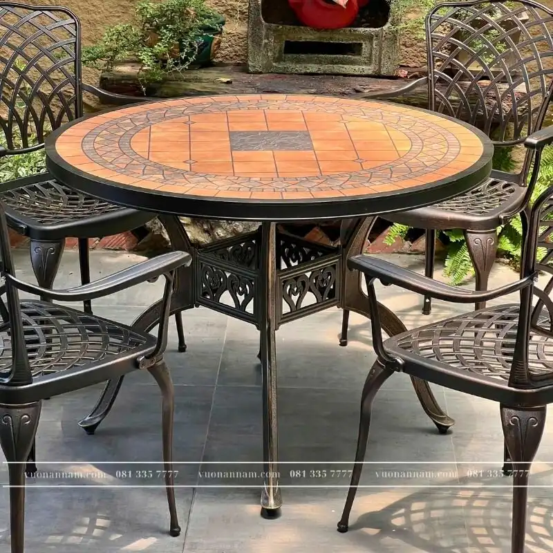 Bộ bàn ghế sân vườn BG15-D100M màu nâu bàn mặt đá D100cm