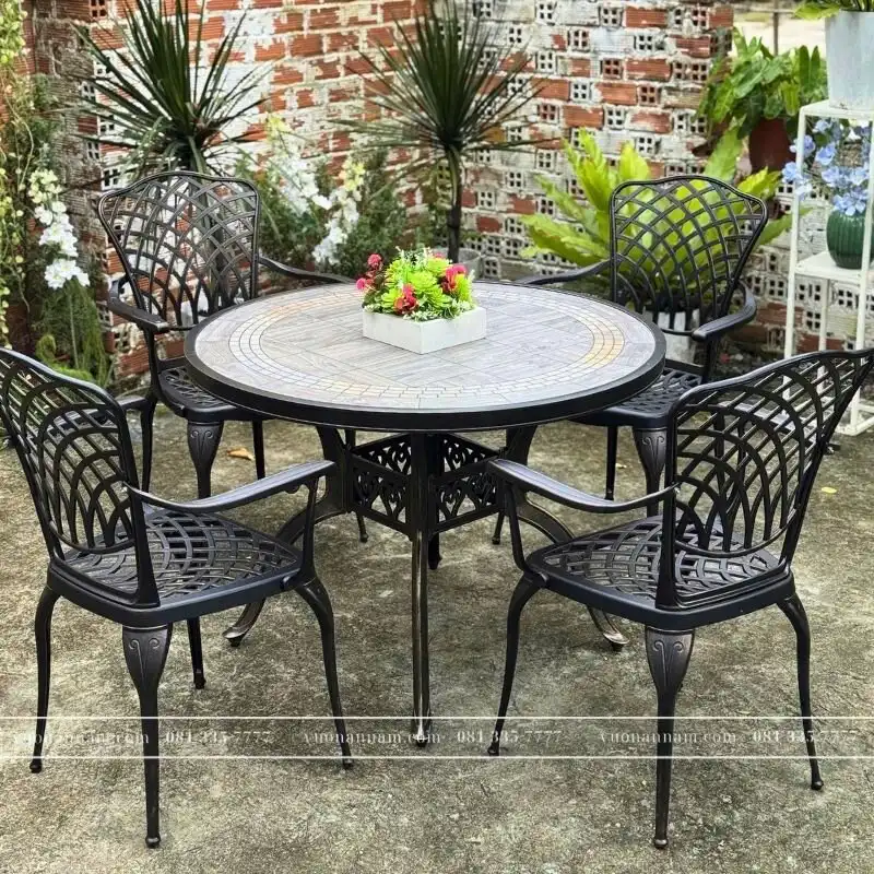 Bộ bàn ghế sân vườn BG15-D100M màu nâu bàn mặt đá D100cm