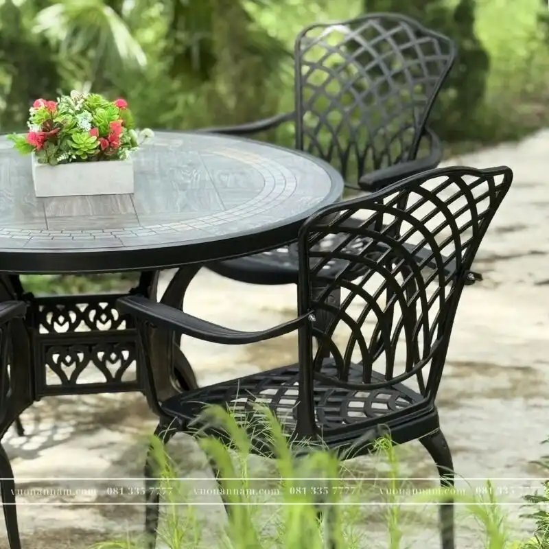 Bộ bàn ghế sân vườn BG15-D100M màu nâu bàn mặt đá D100cm