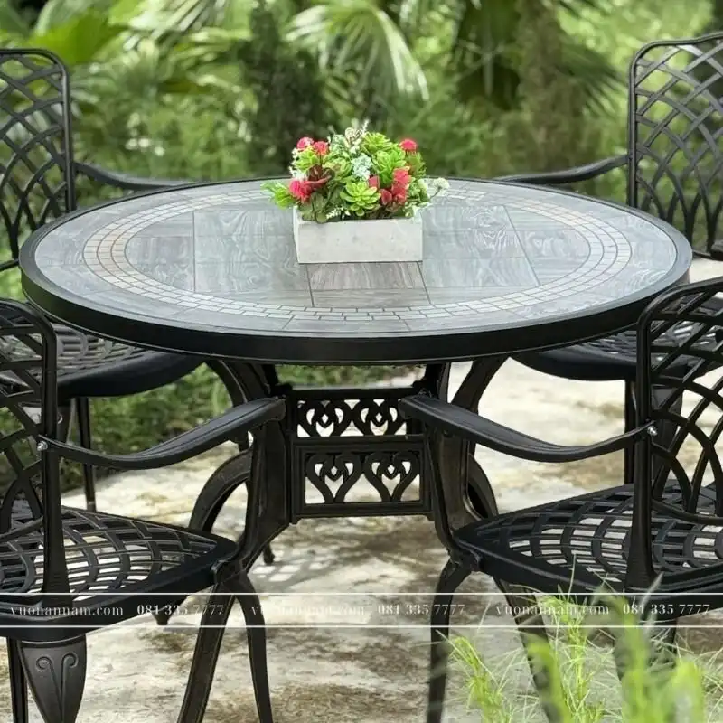 Bộ bàn ghế sân vườn BG15-D100M màu nâu bàn mặt đá D100cm