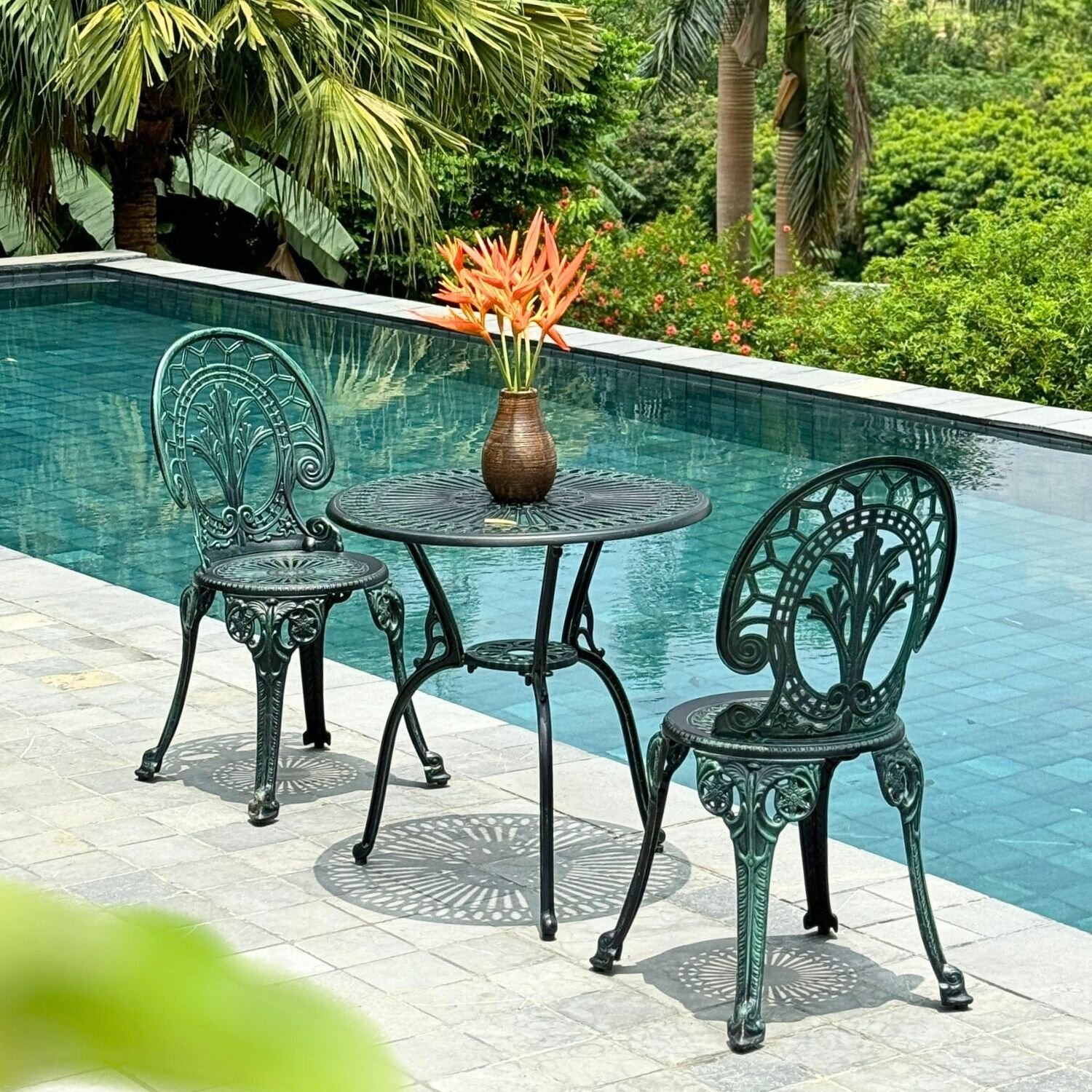 Bộ bàn ghế ban công BG-28X màu xanh bàn D65cm