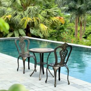 Bộ bàn ghế ngoài trời nhôm đúc BG-02M màu nâu bàn mặt đá D60cm