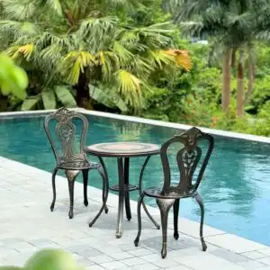 Bộ bàn ghế ngoài trời nhôm đúc BG-02M màu nâu bàn mặt đá D60cm