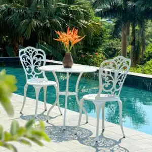 Bộ bàn ghế sân vườn nhôm đúc BG-14T sang trọng màu trắng bàn D70cm