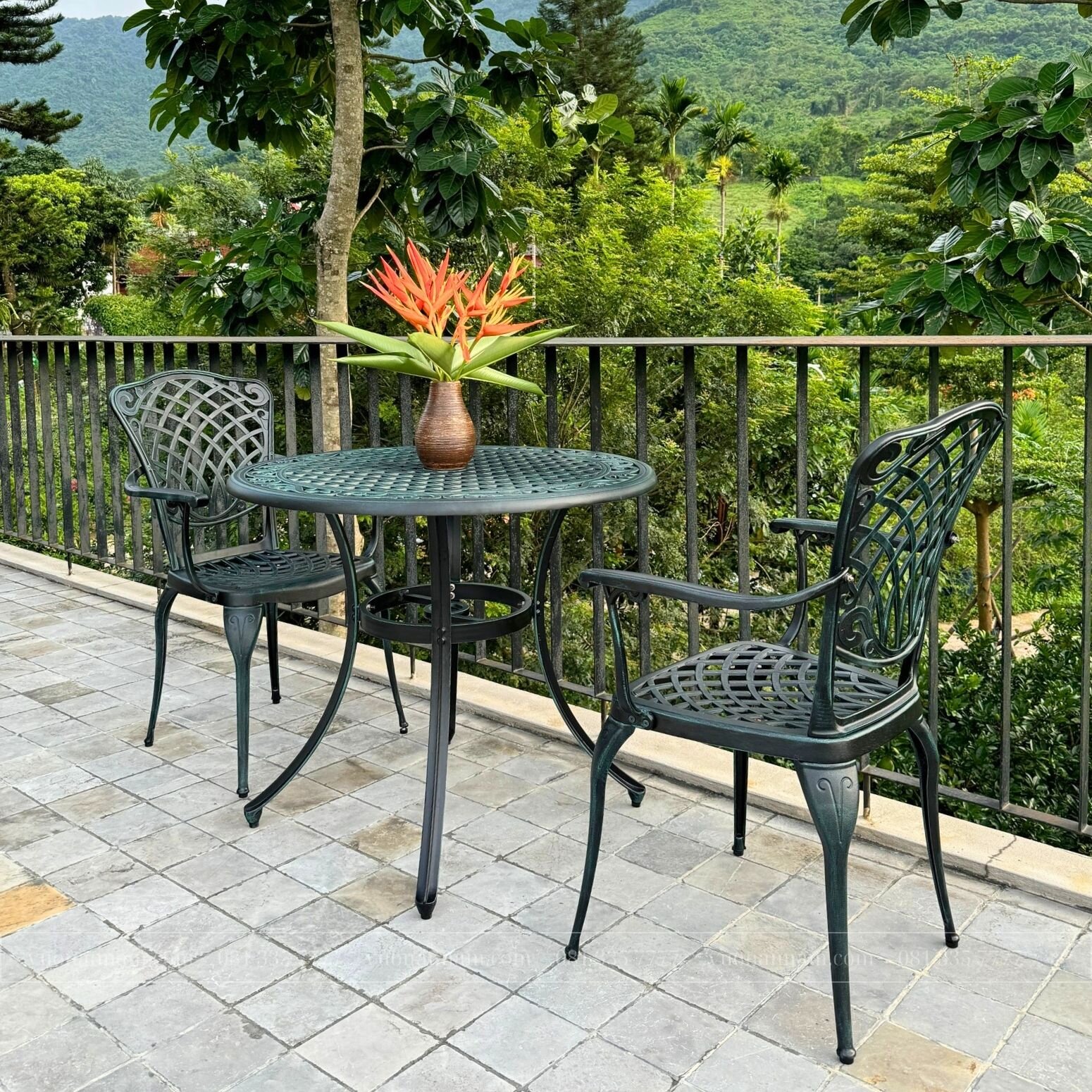 Bộ bàn ghế sân vườn ngoài trời BG-26X màu xanh bàn D90cm - Ảnh 4