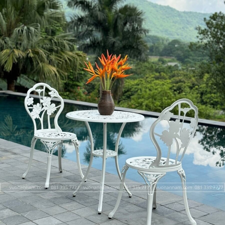 Bộ bàn ghế ban công BG-27T màu trắng D60cm