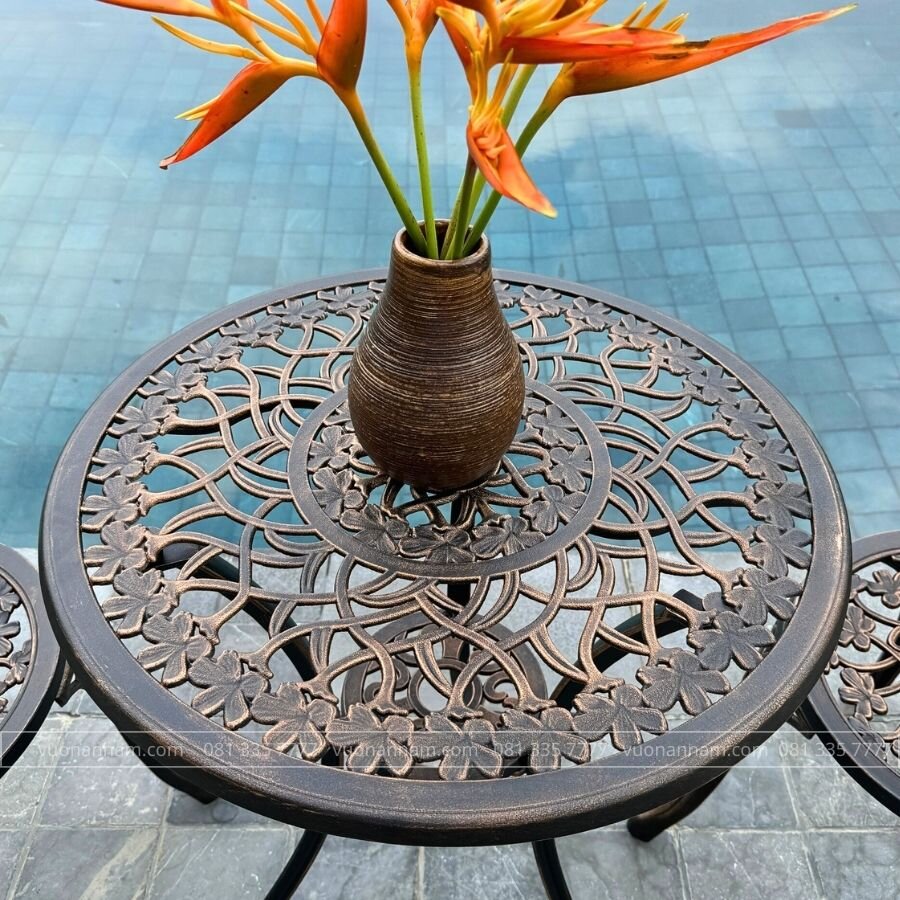 Bộ bàn ghế sân vườn nhôm đúc BG-27N màu nâu bàn D60cm - Ảnh 3