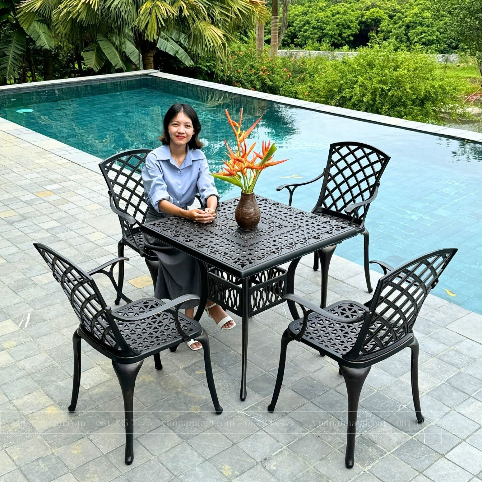 Bộ bàn ghế sân vườn BG21-V80N màu nâu bàn vuông 80cm - Ảnh 4