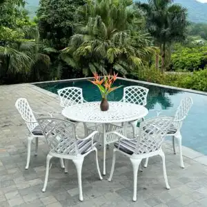 Bộ bàn ghế sân vườn màu trắng 6 ghế BG21-D120T