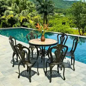 Bộ bàn ghế sân vườn BG02-D80M màu nâu bàn mặt đá D80cm