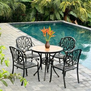 Bộ bàn ghế sân vườn BG03-D84M màu nâu bàn mặt đá D84cm