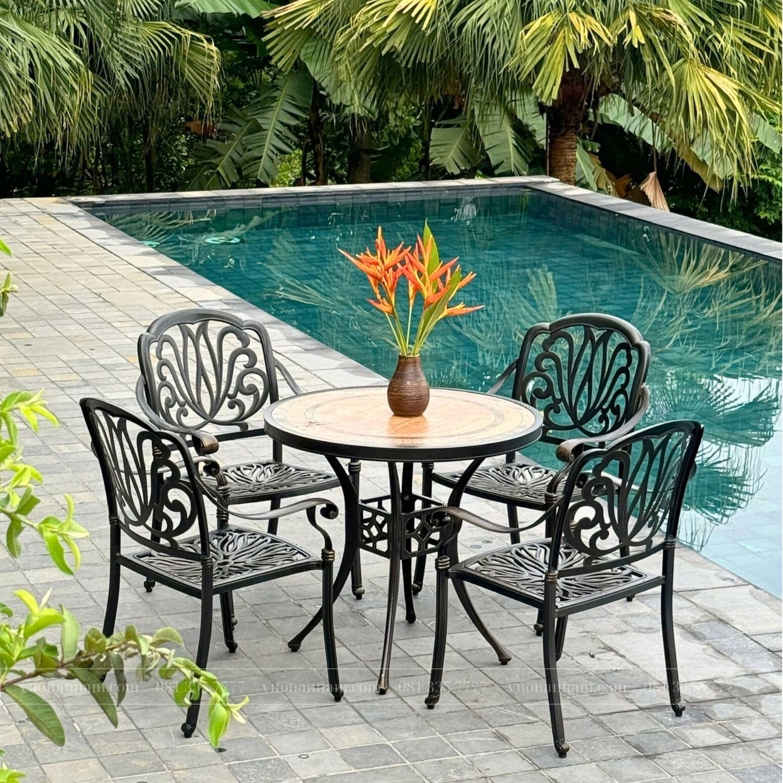 Bộ bàn ghế sân vườn BG03-D84M màu nâu bàn mặt đá D84cm