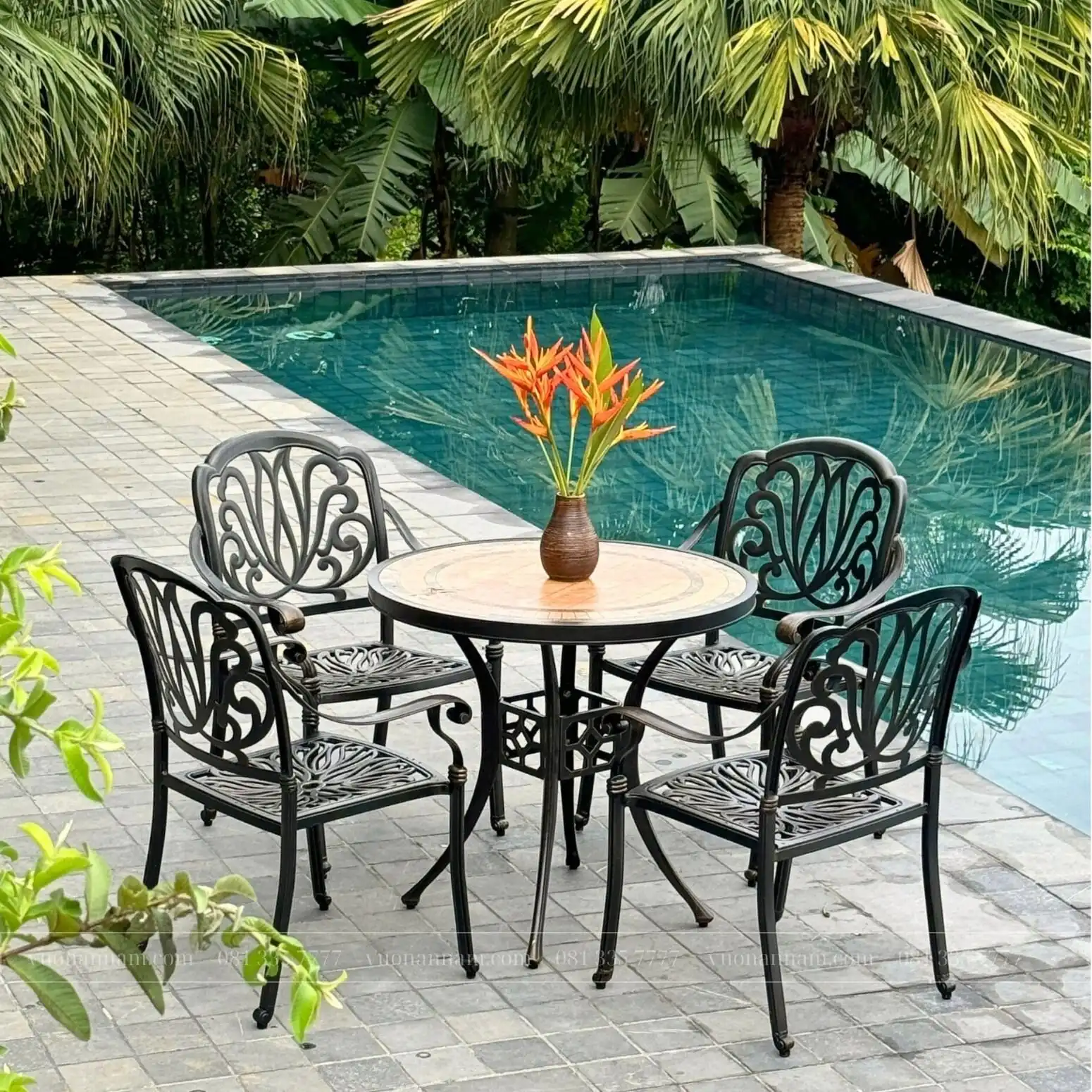 Bộ bàn ghế sân vườn BG03-D84M màu nâu bàn mặt đá D84cm