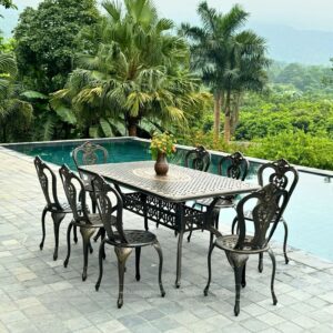 Bộ bàn ghế nhôm đúc màu nâu 8 ghế BG-02CNN