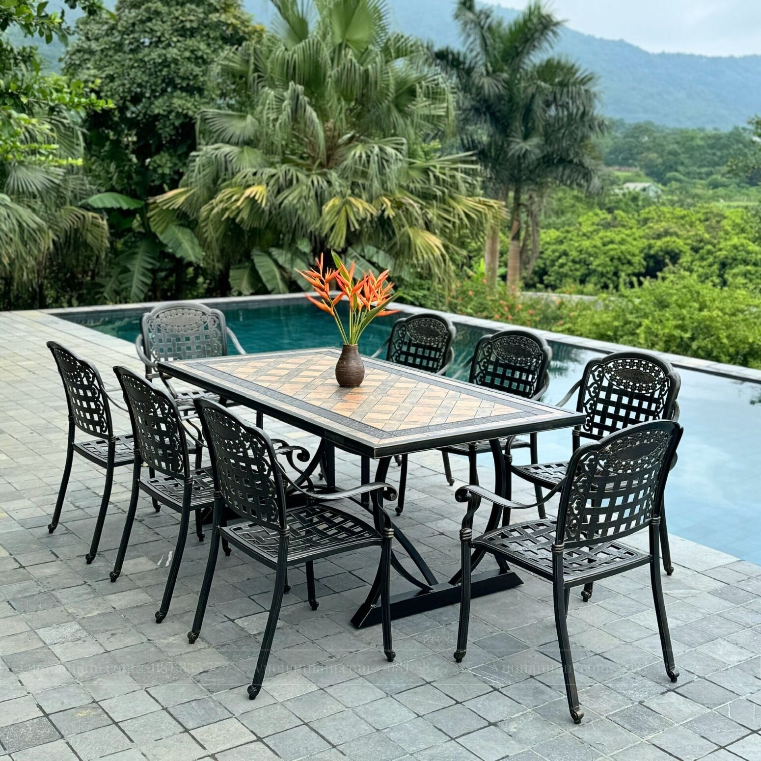 Bộ bàn ghế nhôm đúc BG-04CNM màu nâu 8 ghế