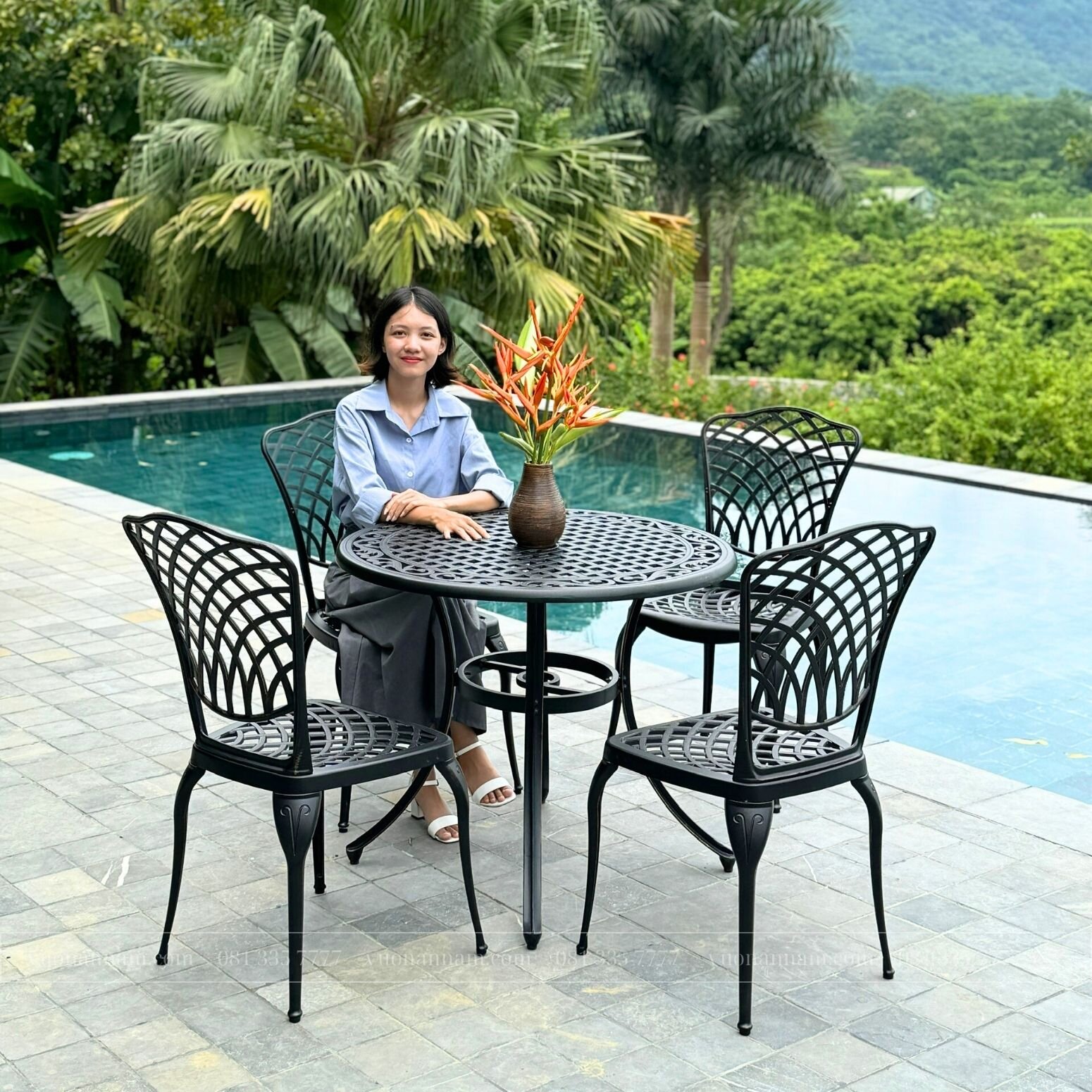 Bộ bàn ghế sân vườn BG-16 màu nâu bàn D90cm - Ảnh 4