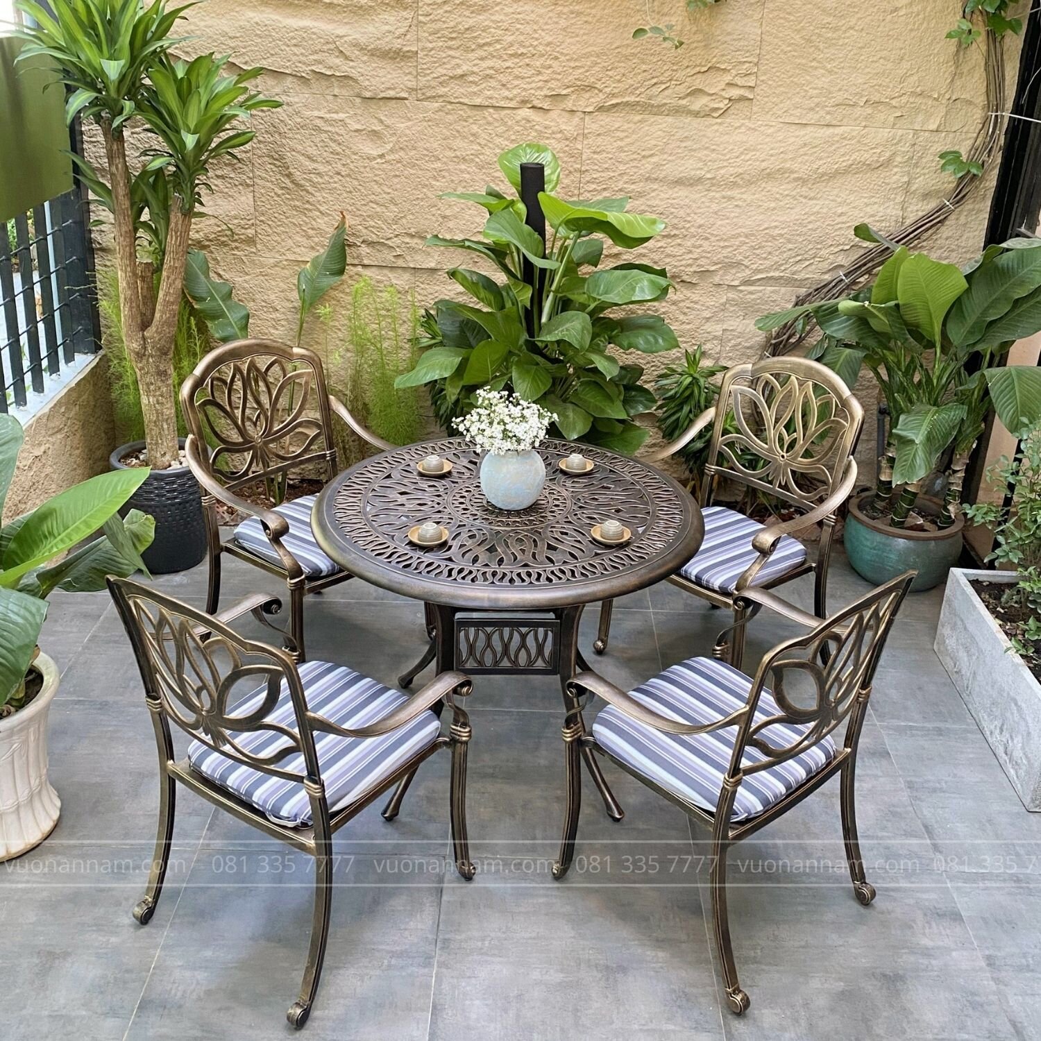 Bộ bàn ghế sân vườn nhôm đúc BG-03N1 màu nâu bàn D100cm - Ảnh 4