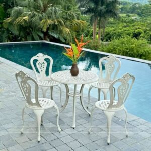 Bộ bàn ghế nhôm đúc sân vườn BG-002T màu trắng bàn D70cm