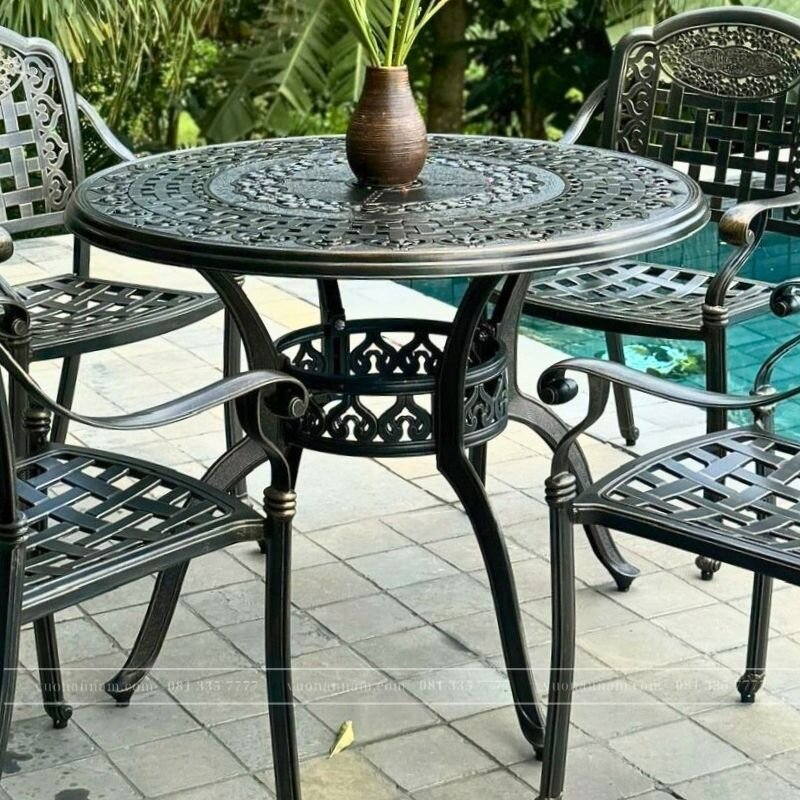 Bộ bàn ghế ngoài trời BG-04N màu nâu bàn D100cm - Ảnh 3