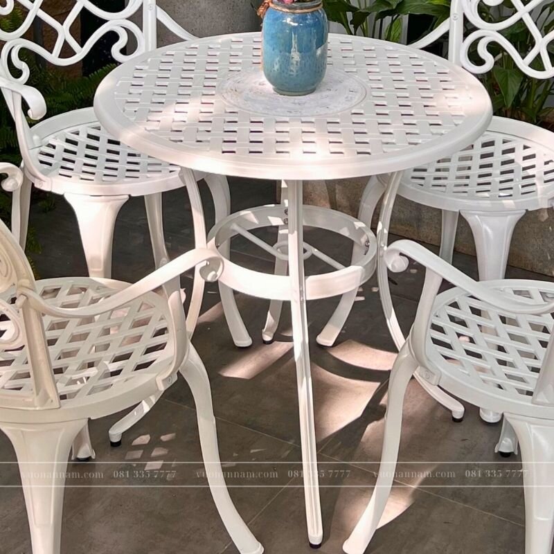 Bộ bàn ghế nhôm đúc BG-017T màu trắng bàn D70cm - Ảnh 3