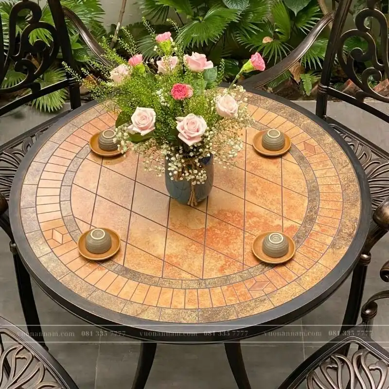 Bộ bàn ghế sân vườn BG03-D84M màu nâu bàn mặt đá D84cm - Ảnh 3