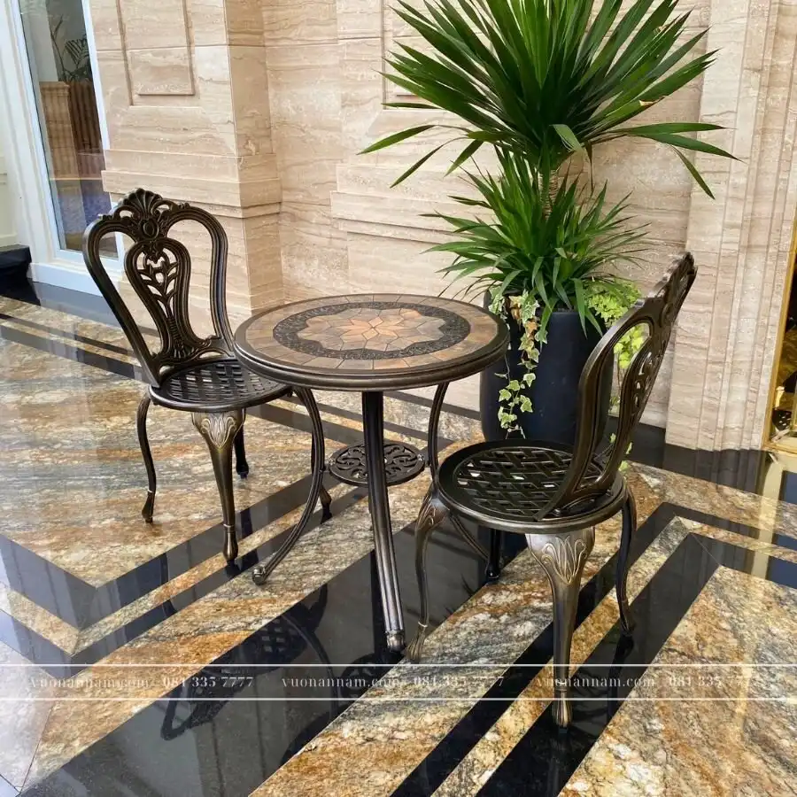 Bộ bàn ghế ngoài trời nhôm đúc BG-02M màu nâu bàn mặt đá D60cm - Ảnh 4