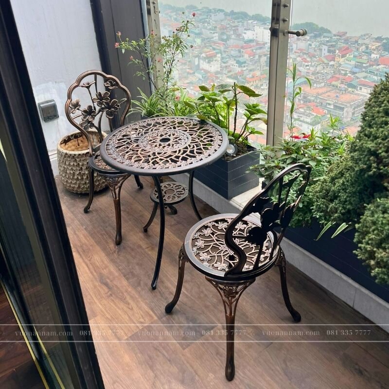 Bộ bàn ghế sân vườn nhôm đúc BG-27N màu nâu bàn D60cm - Ảnh 4