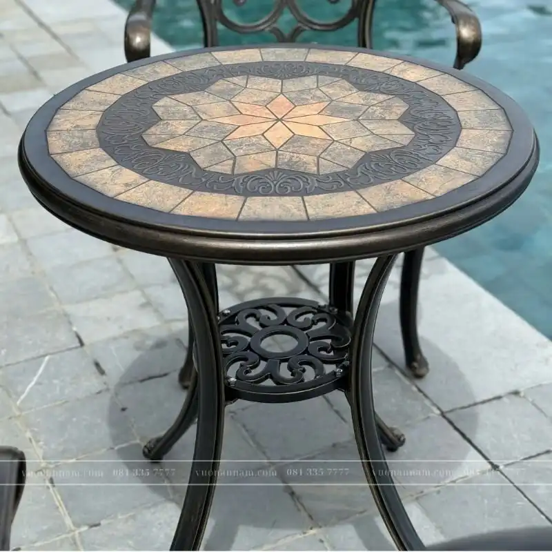 Bộ bàn ghế ngoài trời nhôm đúc BG-02M màu nâu bàn mặt đá D60cm - Ảnh 3