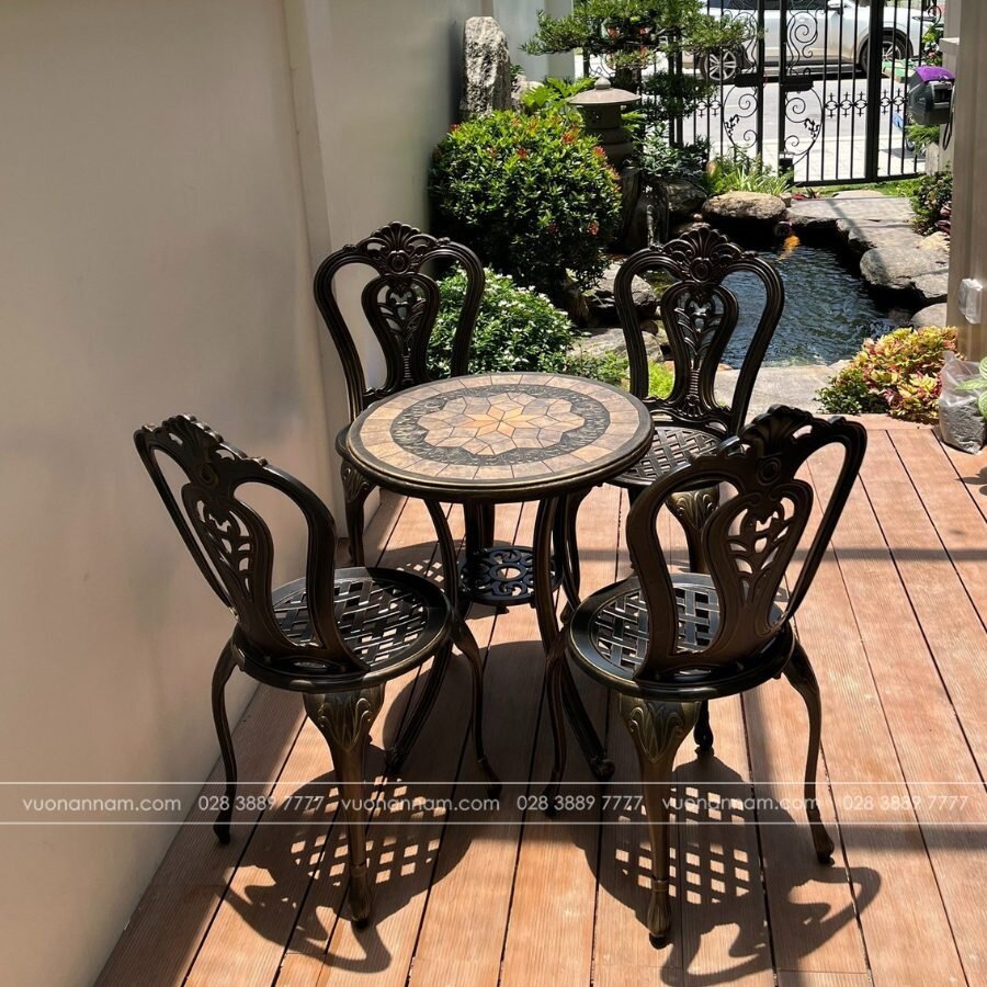 Bộ bàn ghế nhôm đúc BG-002M màu nâu bàn D60cm - Ảnh 4