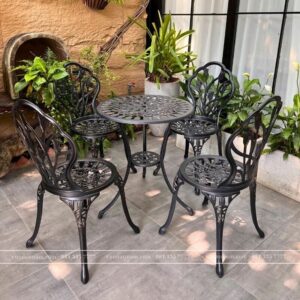 Bộ bàn ghế nhôm đúc BG-012N màu đen bàn D60cm
