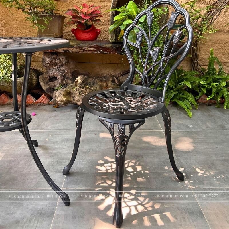 Bộ bàn ghế nhôm đúc BG-012N màu đen bàn D60cm - Ảnh 2
