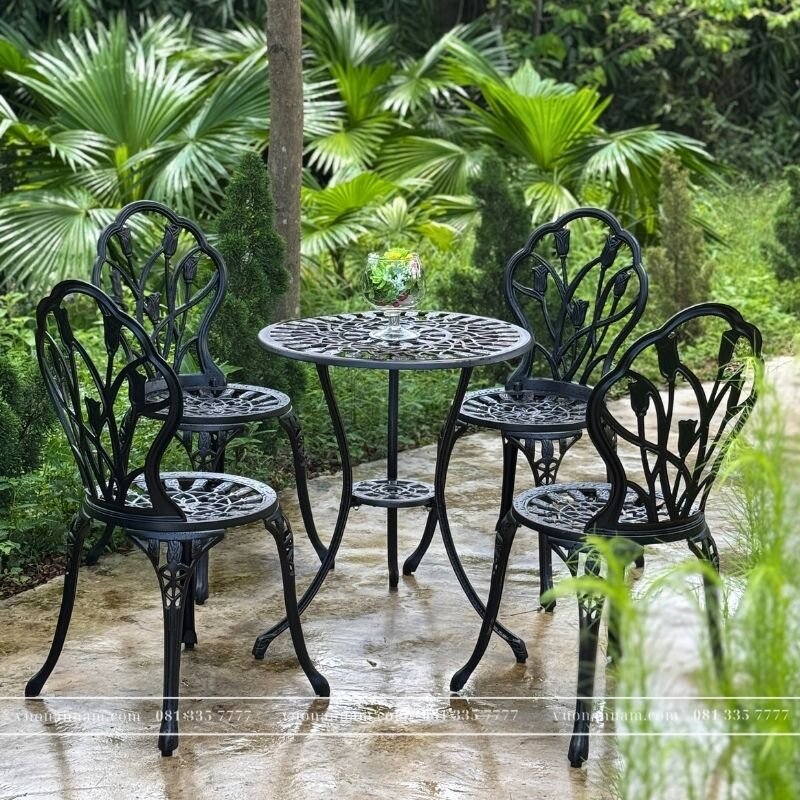 Bộ bàn ghế nhôm đúc BG-012N màu đen bàn D60cm - Ảnh 4