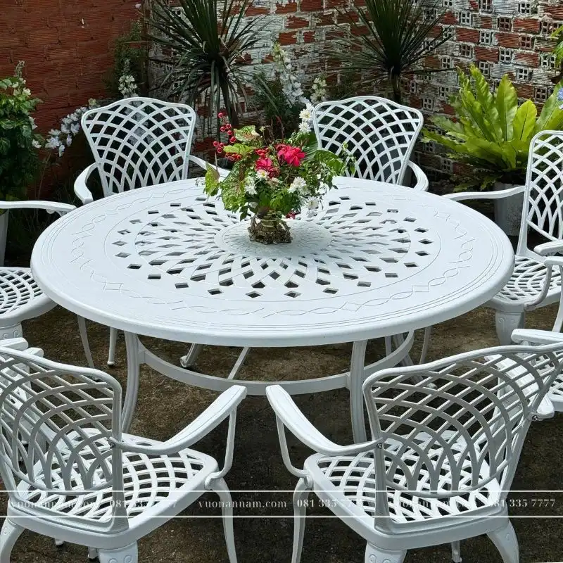 Bộ bàn ghế sân vườn BG15-D150T màu trắng 8 ghế - Ảnh 3