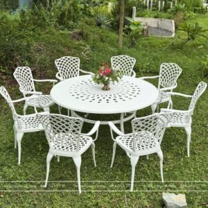 Bộ bàn ghế sân vườn BG15-D150T màu trắng 8 ghế