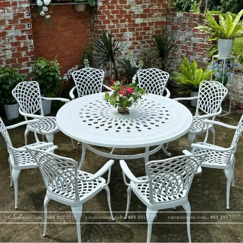 Bộ bàn ghế sân vườn BG15-D150T màu trắng 8 ghế - Ảnh 4