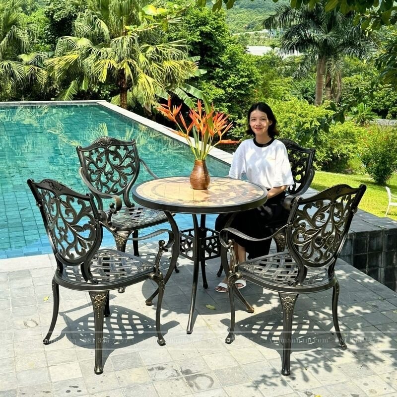 Bộ bàn ghế sân vườn BG22-D84M màu nâu bàn D84cm - Ảnh 4