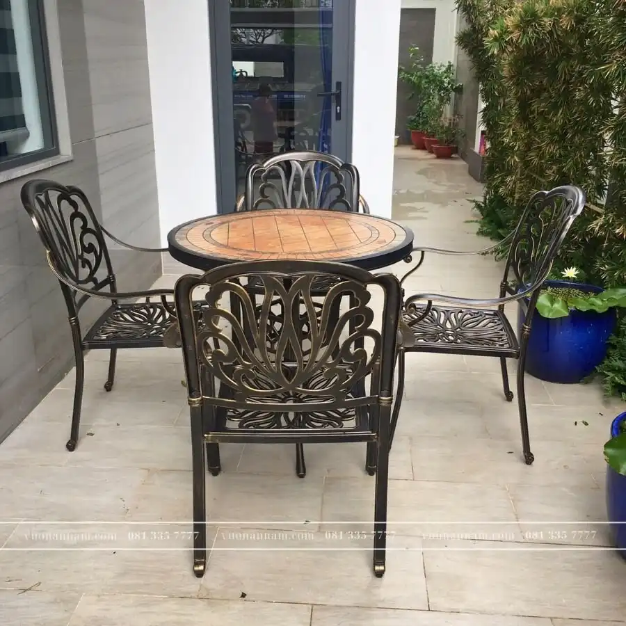 Bộ bàn ghế sân vườn BG03-D84M màu nâu bàn mặt đá D84cm - Ảnh 4