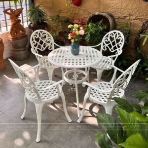 Bộ bàn ghế nhôm đúc BG-017T màu trắng bàn D70cm